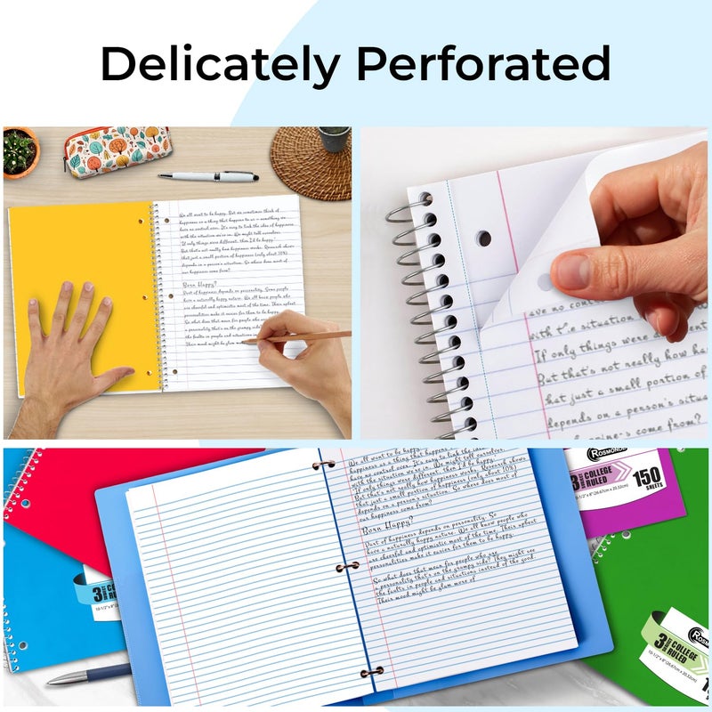 Rosmonde 3 Subject Notebook College Ruled, 6 Pack, 150 Sheets(300 Pages), No-Bleed Paper, 3 Hole Punched, 8x10-1/2, 3 Subject Spiral Notebook for School, Home & Office, Assorted Colors - Image 5